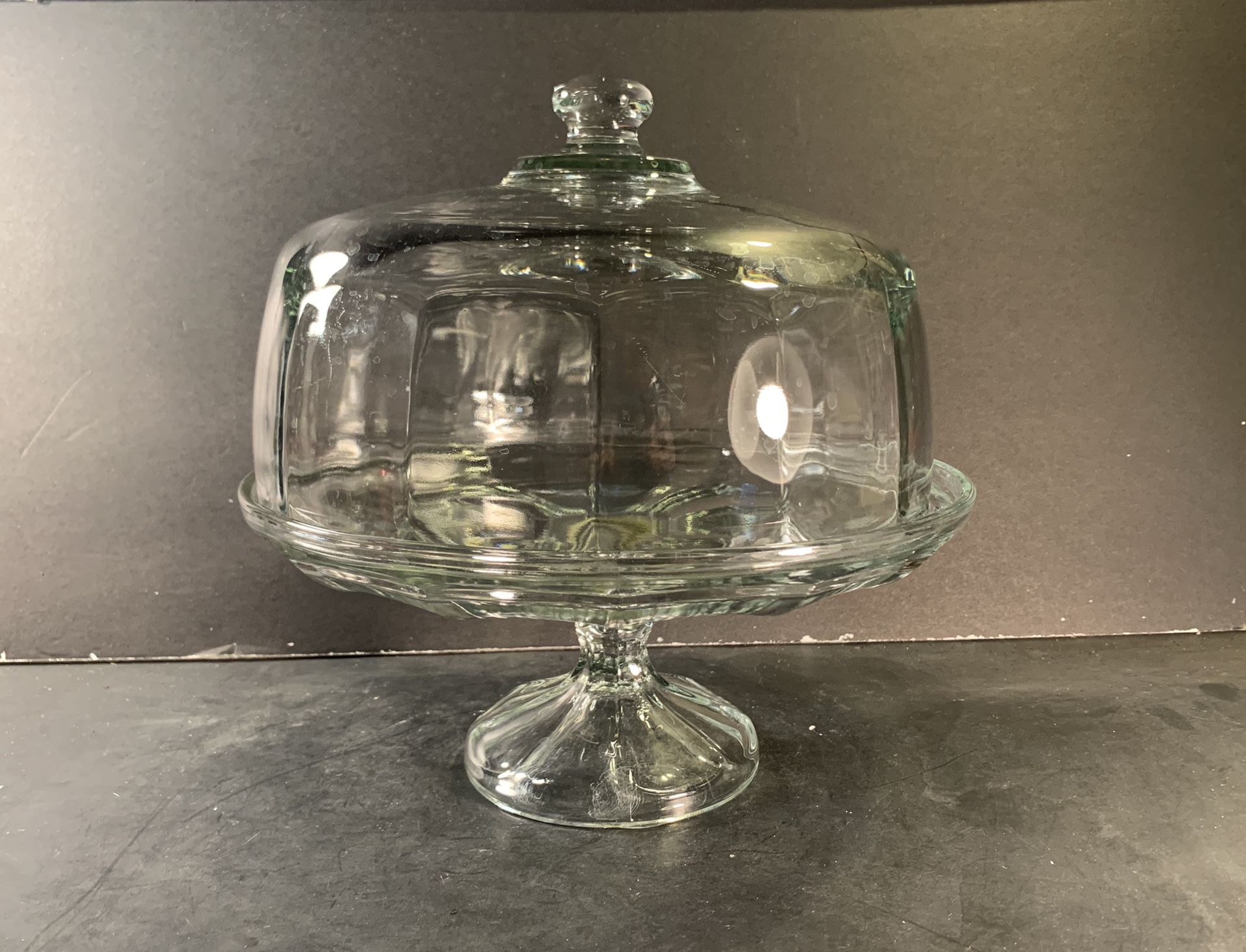 Vintage Clear Paneled Lidded Pedestal Glass Cake Stand (Height: 11-1/2”)