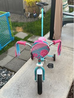 Schwinn Petunia 12” Pink and Blue Bike with Training Wheels and Parent Handle