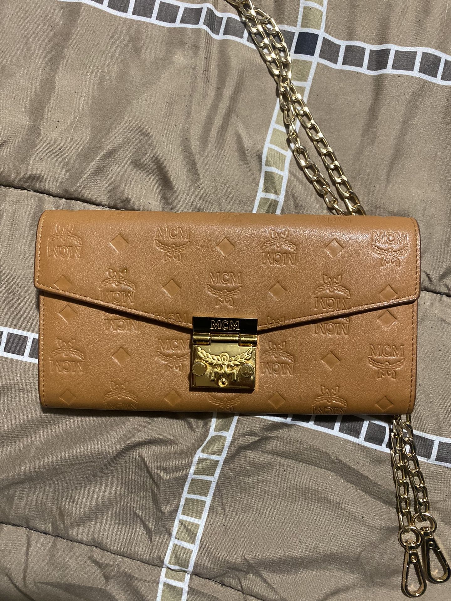 MCM Calfskin Leather Clutch Bag W/ Gold Cross Body Chain