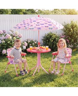Kids Picnic Table, Kids Outdoor Table with 2 Folding Chairs, Height Adjustable Umbrella, Portable Children Outdoor Furniture for Patio, Garden, Backya