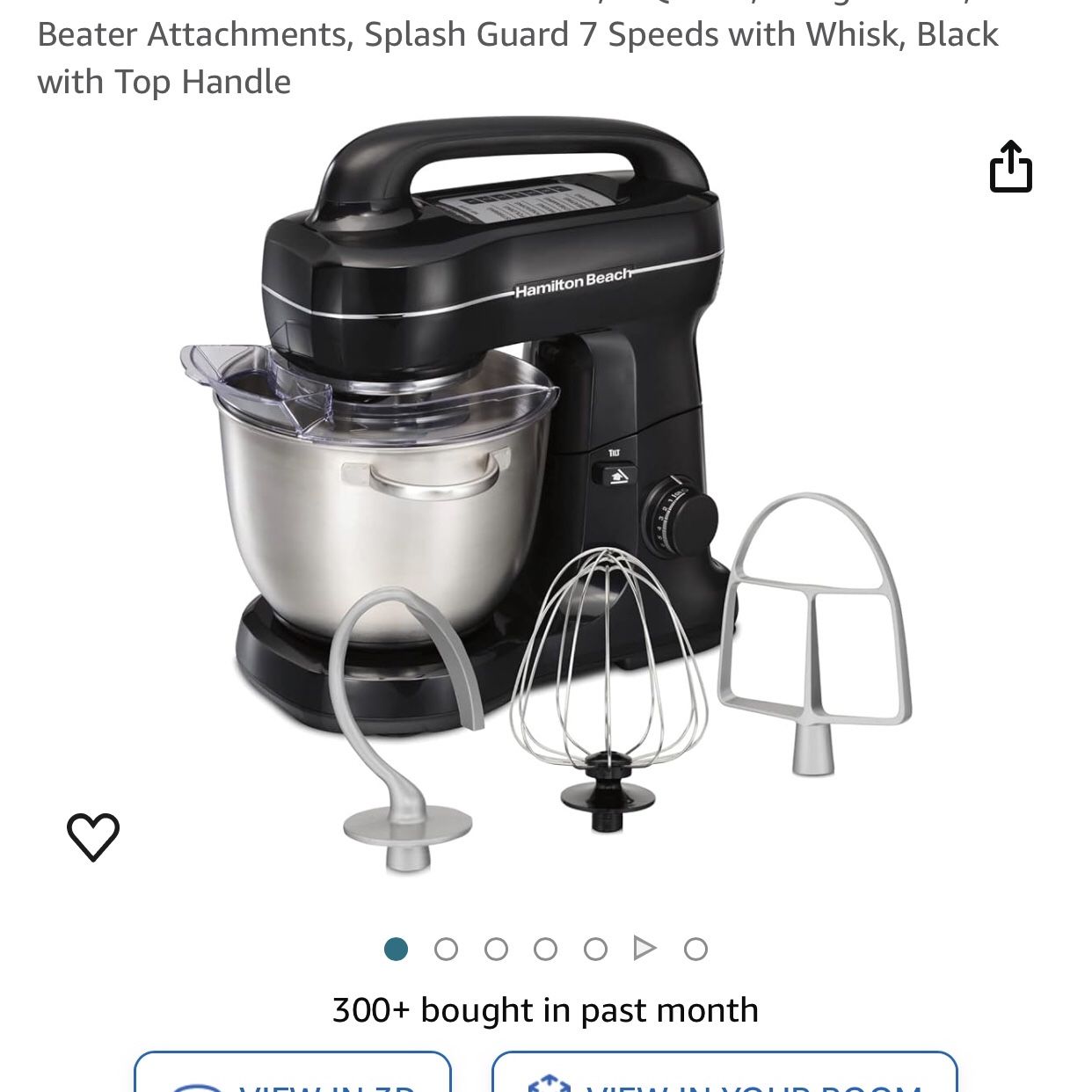 Hamilton Beach Electric Stand Mixer, 4 Quarts, Dough Hook, Flat Beater Attachments, Splash Guard 7 Speeds with Whisk, Black with Top Handle