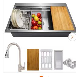 Handmade All-in-One 30 in. x 22 in. Drop-in Single Bowl Stainless Steel Workstation Kitchen Sink with Pull-down Faucet