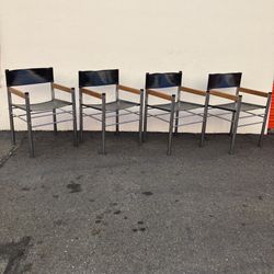 Set of 4 Mid Century / Post Modern Tubular Chrome Arm Chairs with Black Naugahyde & Wood Accents 
