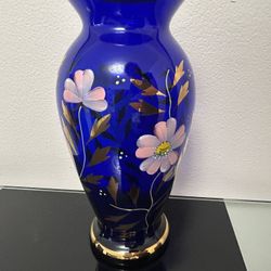 Gorgeous Vase. Decorated Glass. Blue And Gold Pattern.  9,5 Inches  High.  Great Present .