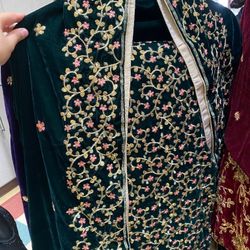 Deep Green Color 3peice Velvet Shawl Suit 