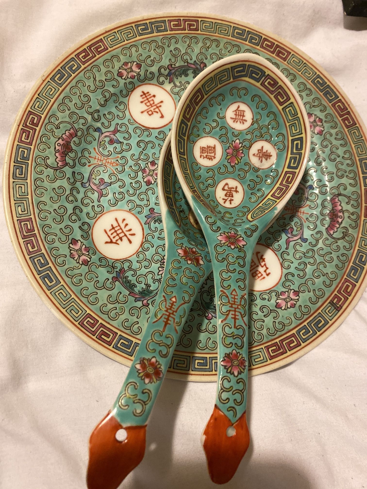 Mun Shou Porcelain Plate And Spoon Rest.