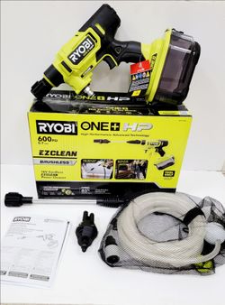 Ryobi ONE+ HP EZCLEAN 18V cordless power cleaner has 600 PSI and 0.7 GPM. It features a brushless motor for efficiency. Includes wand, hose, and opera