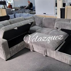 ✅️✅️4 pc Smoke grey fur like corduroy fabric sectional sofa with storage chaise and love seat and pop up sleep area in center USB charging✅️✅️