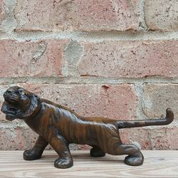 Vintage Cast Iron Bronze-Tone Roaring Tiger Sculpture 