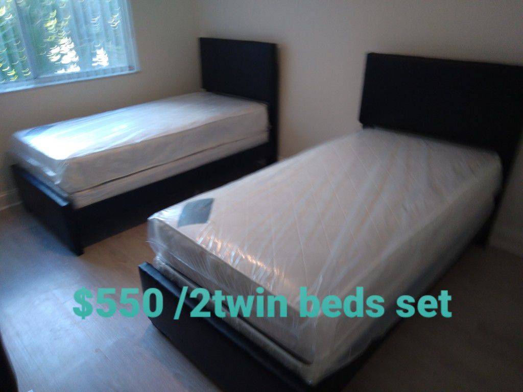 $550 For 2 Twin Beds With  2mattress And 2boxspring Brand New Free Delivery 🤴Available In Black Or White or gray