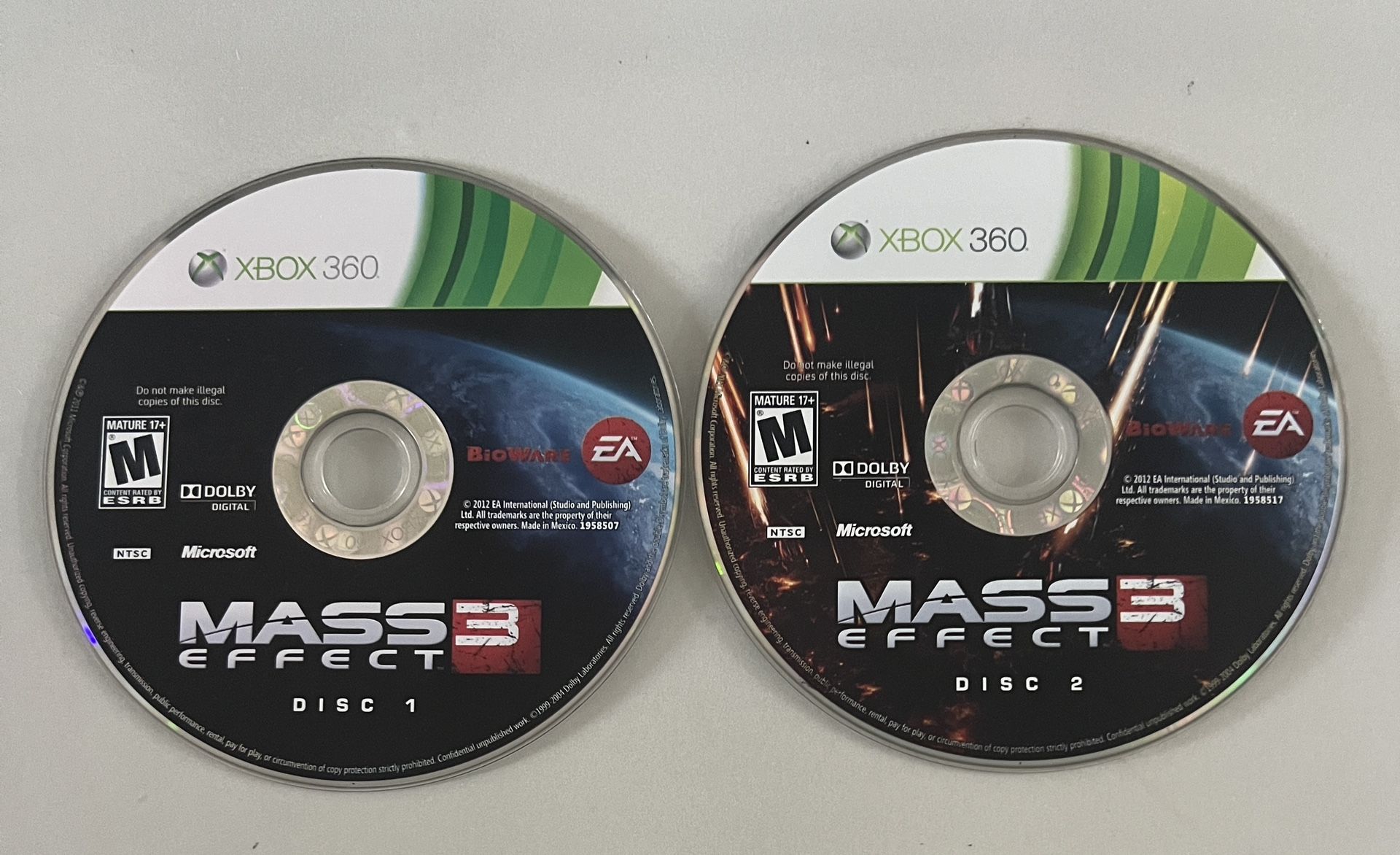Mass Effect 3 Microsoft Xbox 360 Disc Only Set Disc 1 & 2