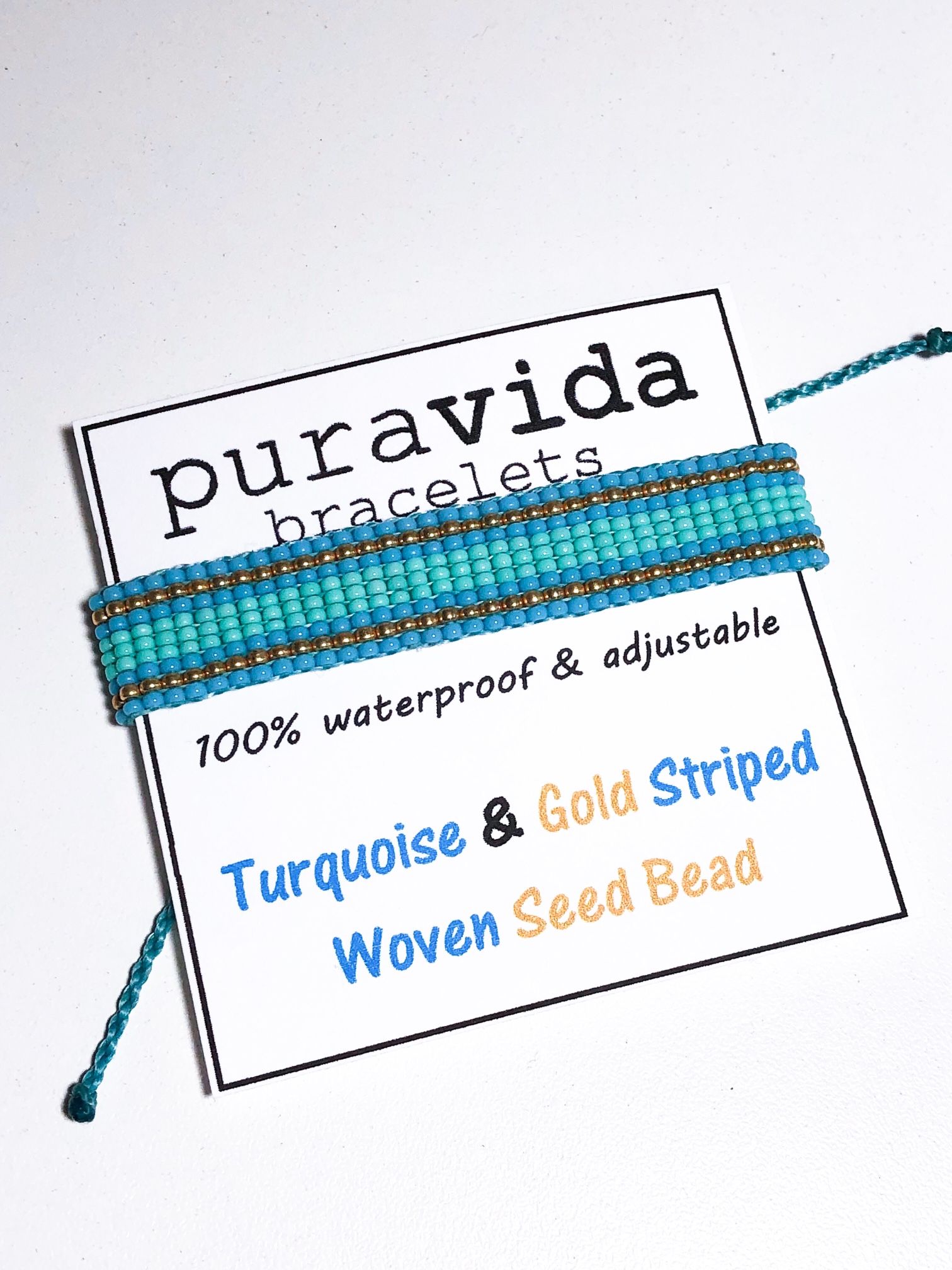 Pura Vida Bracelet – Turquoise & Gold Striped Woven Seed Bead