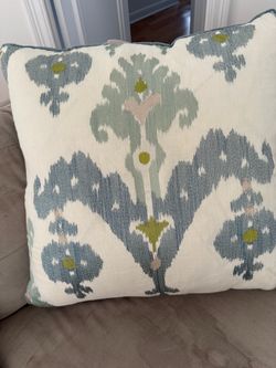 Two gorgeous Raja Embrodery pillows inspired by an antique Asian silk ikat 22x22”
