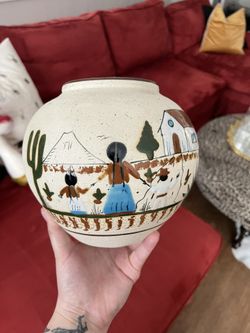 Ceramic Pot with Mexican Style Farm/ Family Design 