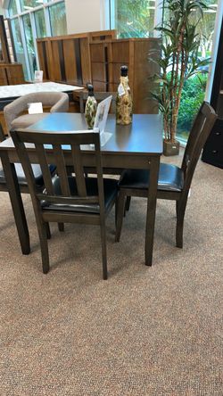 Dark Brown Wood Dining Table and Chairs Set