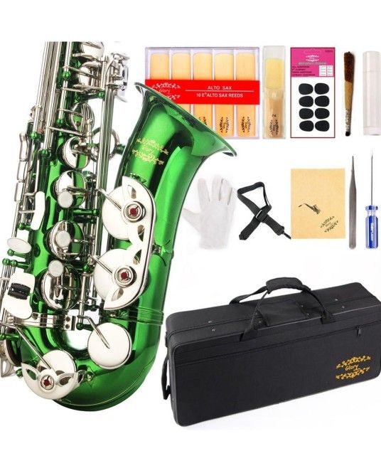 Glory Green/Silver keys E Flat Alto Saxophone with 11reeds,8 Pads cushions,case,carekit