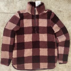 Womens Buffalo Plaid Sherpa Half Zip Pull Over Pink Small S NEW