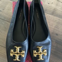 New Tory Burch Eleanor Leather Ballet Shoes - Perfect Black - Size 7.5