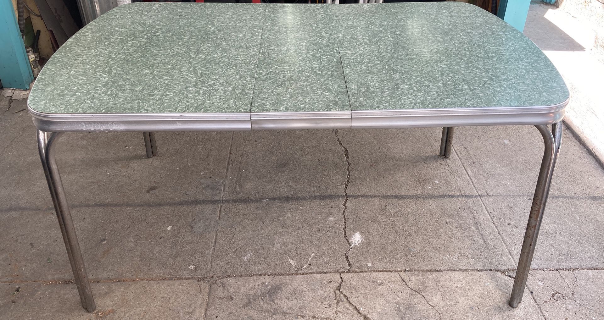 1950’s Sage Green and White Formica Kitchen or Dining Rectangle Table with Removable Leaf