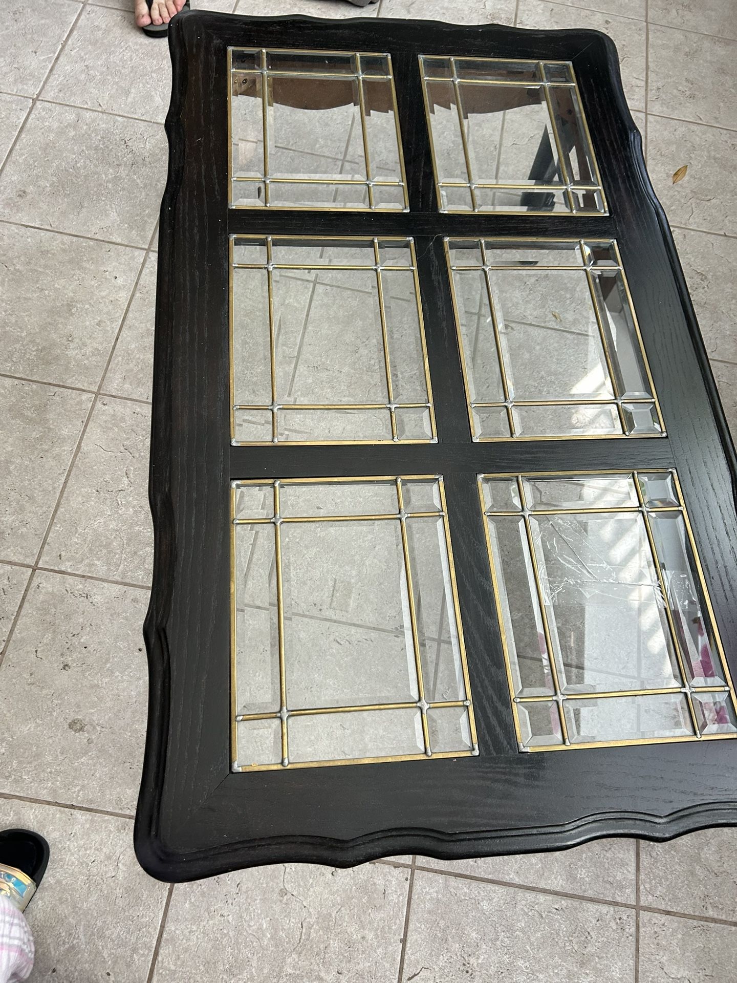 french provincial country wood table with leaded glass top