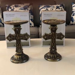 Briarwood Home Collection “Jeweled Carved Cross Candle Holders 