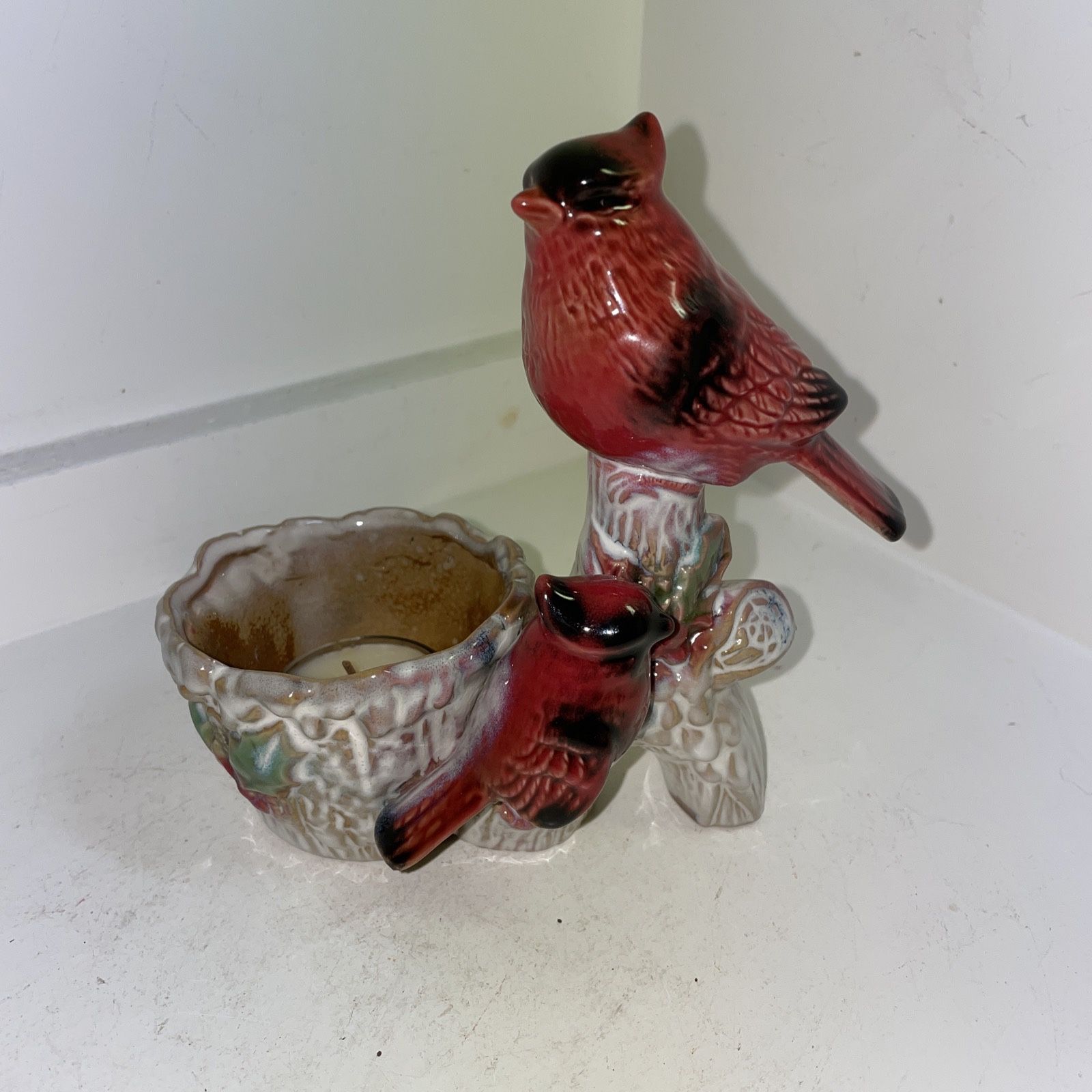 Vintage Figurative Ceramic Red Cardinal Candle Holder / Saculant Planter