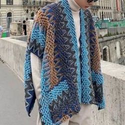 Blue Brown Crochet Knit Open Cardigan