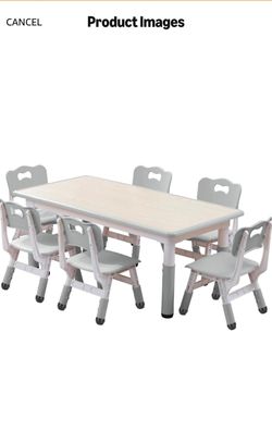 Kids Table and Chairs Set, Height Adjustable Desk With 6 Seats for Ages 3-12,Arts & Crafts Table,Graffiti Desktop, Non-Slip Legs, Max 300lbs, Children