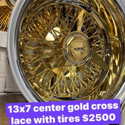 13x7 Center Gold Crosslace Luxor Wire Wheels On 155-80-13 Whitewall Tires 