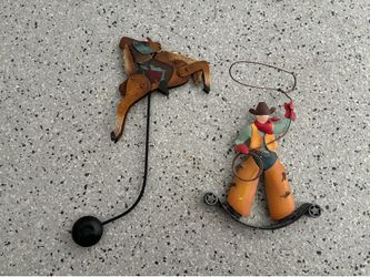 2 Vintage Metal Cowboy Toys. Balance Cowboy/ Horse. Cowboy/ Lasso Rocker.