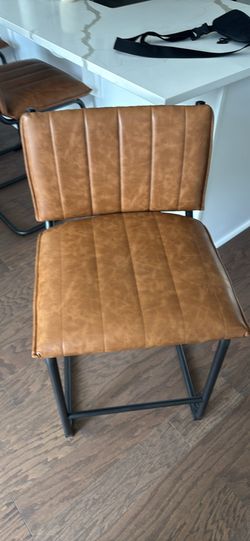 Set of 3 Brown Leather Counter Stool with Black Metal Frame