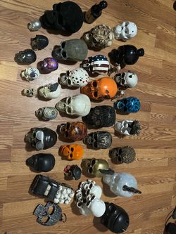 Skull Halloween house decor spooky season All different skulls, one cookie jar, truck skeleton, American flag skull, poker skull, etc