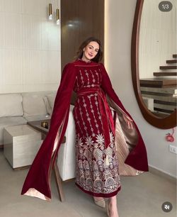 Red Velvet Embroidered Anarkali Suit with Dupatta ( ONE size)