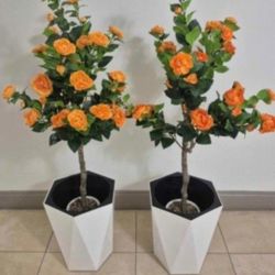 *** NEW LOW PRICE *** PAIR of 50" Faux Orange Camellia Trees in Hexagonal Mobile Planters @ Lasting Creations