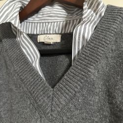 Elan Gray Sweater with white pin Striped Collar Shirt Attached
