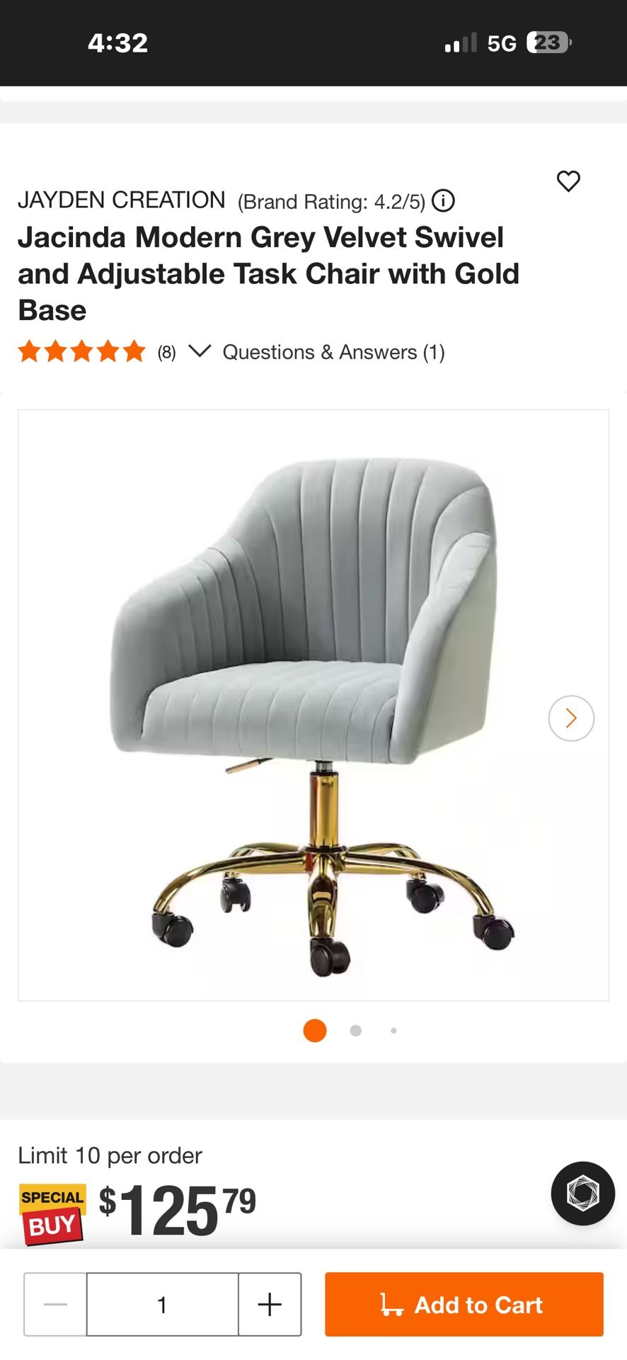 New padded soft, upholstered, swiveling, adjustable height, rolling chair