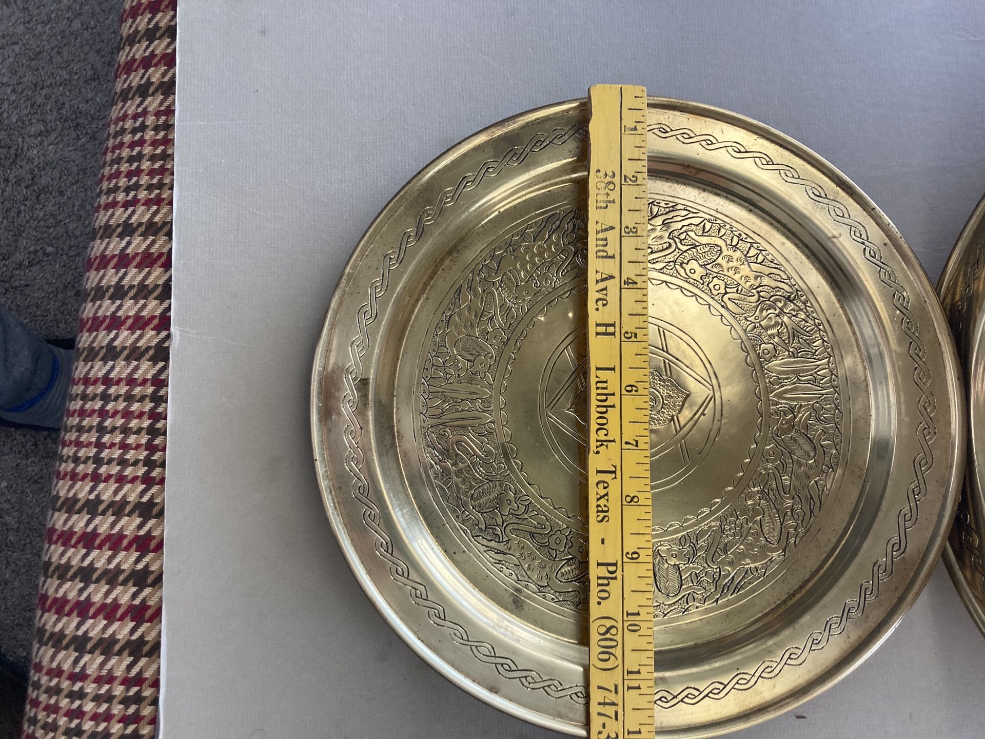 Set of 6 Antique & Vintage, handcrafted, or etched brass trays, 12“.