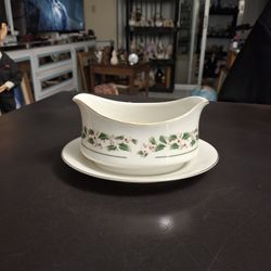 Vintage Holly Holiday Gravy Boat With Attached Plate, Fine China Japan 8" X 6.5"