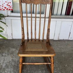 Beautiful Vintage Turned Oak Rocking Chair w/ Hand Woven Cane Seat