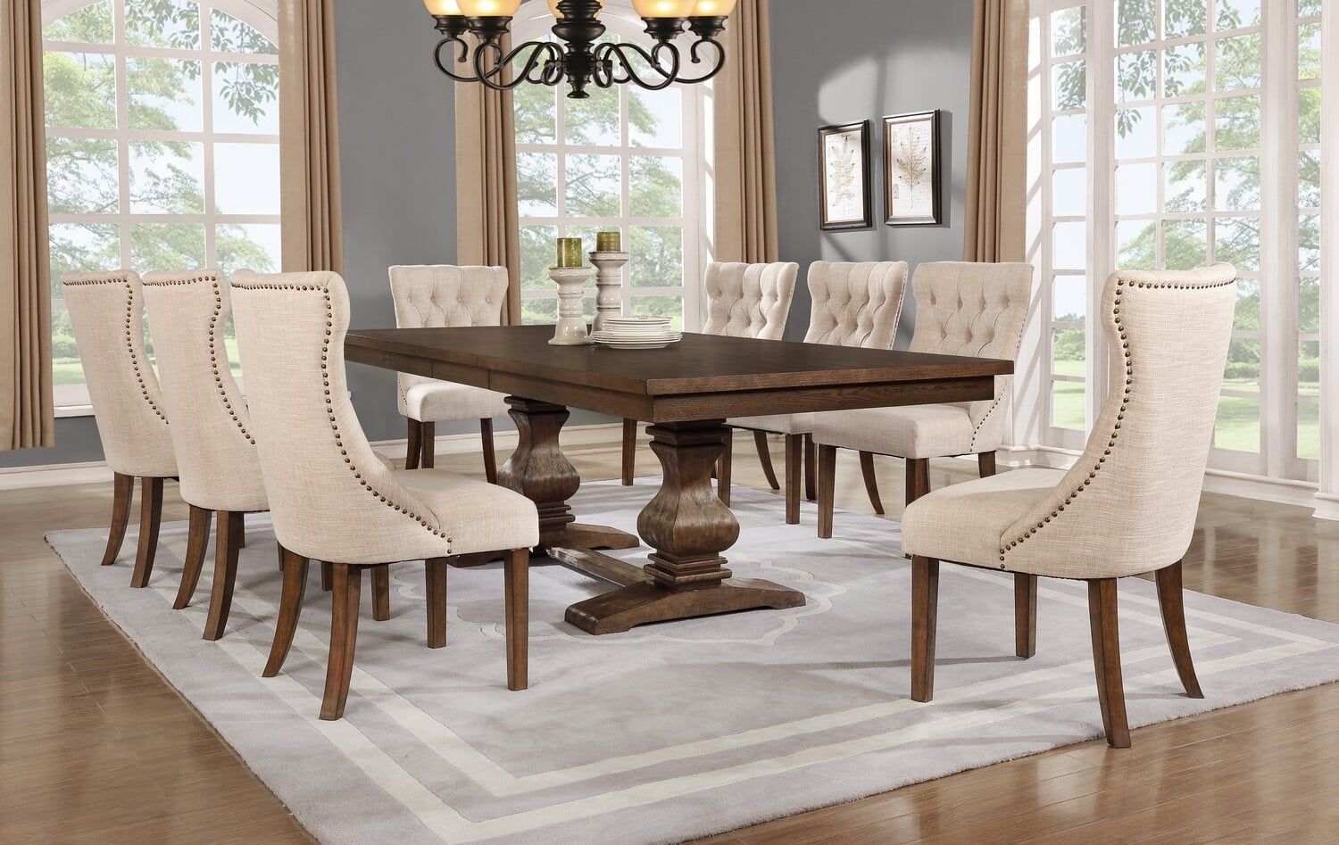 FARMHOUSE STYLE WALNUT FINISH 9 PIECE ROOM TABLE SET MESA SILLAS