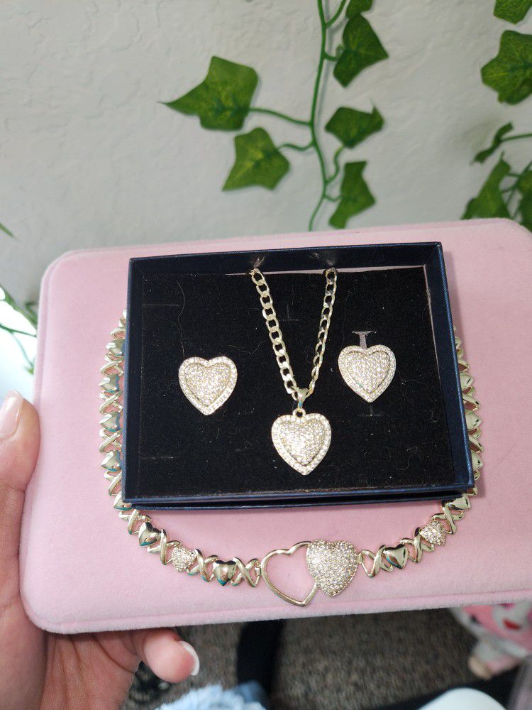 Gold Layered Heart Necklace, Earrings And Anklet Set 