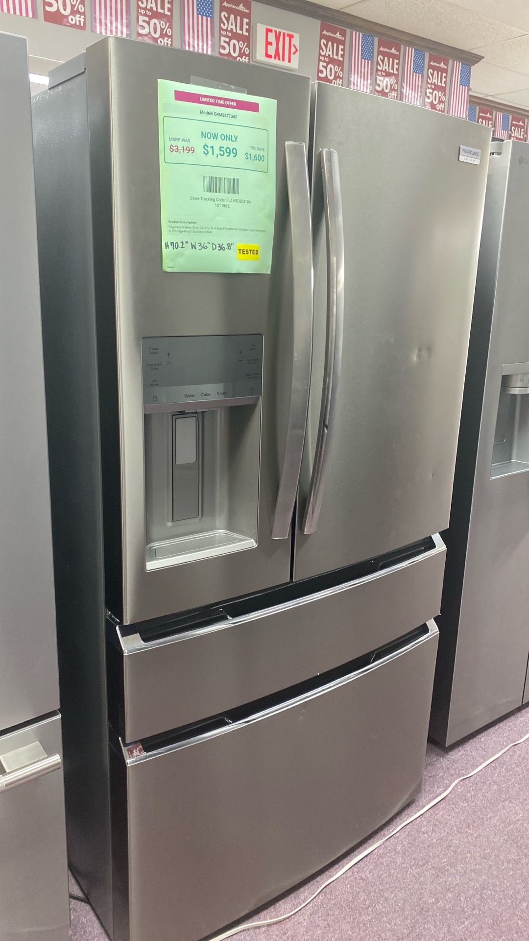 Frigidaire 1 year warranty- gallery 36 in. 26.3 cu ft. 4 door French Door Door standard deep