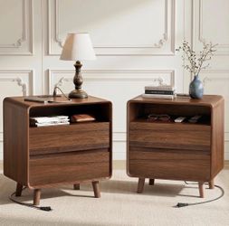 Nightstands Set of 2 with Charging Station, 23.7'' Wide Side Table Bedroom Nightstand with Drawers, Mid Century Modern Bedside Table, Curved Profile D