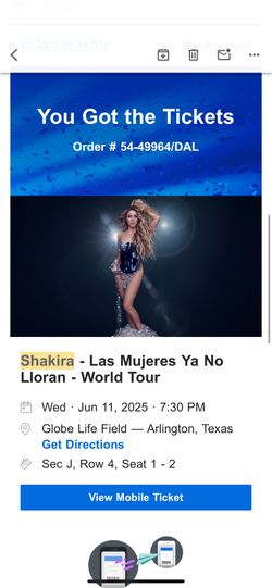 2 shakira tickets for concert in arlington