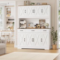 71" Large Pantry Cabinet with Charging Station, 55" Wide Kitchen Pantry Storage with Drawers and Power Outlet, Tall Kitchen Hutch with Countertop for 
