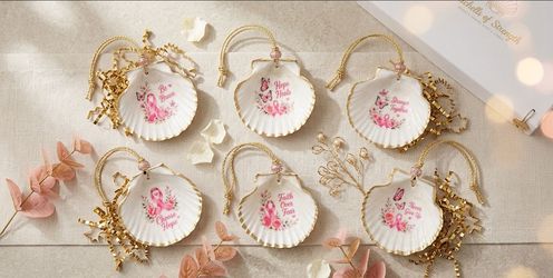 Breast Cancer Awareness Shell Ornaments Set of 6 Shells of Strength Decoupage Gold
