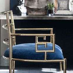 Gorgeous Large Gold color Greek Key Metal and Blue Upholstered Chair