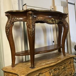 Vintage Carved Wood Console Table with Gold Detail and Glass Top 
