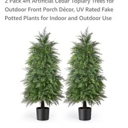 2 Pack 4ft Artificial Cedar Topiary Trees for Outdoor Front Porch Décor, UV Rated Fake Potted Plants for Indoor and Outdoor Use