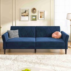 HONBAY Convertible Velvet Sofa Bed Folding Futon Sofa loveseat Tufted Loveseat, Navy Blue